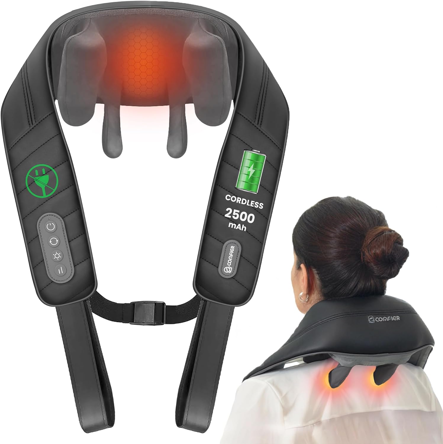 COMFIER Cordless Neck Massager with Heat, 4D Kneading Neck and Shoulder Massager Deep Tissue, 2 Heating Levels,Gifts for Mom Dad