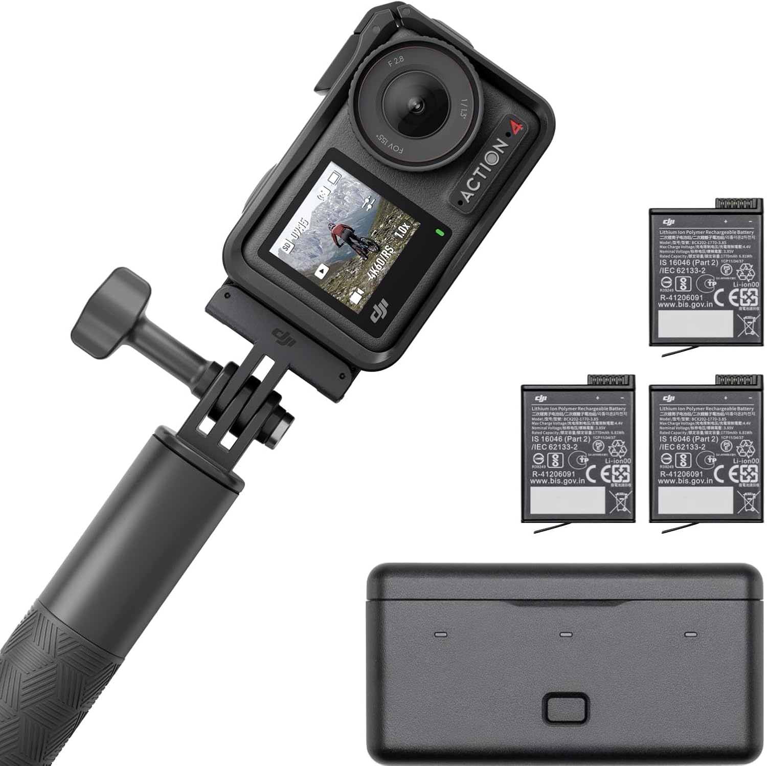 DJI Osmo Action 4 Adventure Combo - 4K/120fps Waterproof Action Camera with a 1/1.3-Inch Sensor, 10-bit & D-Log M Color Performance, 155° FOV, Up to 7.5 h with 3 Extra Batteries, Outdoor Camera