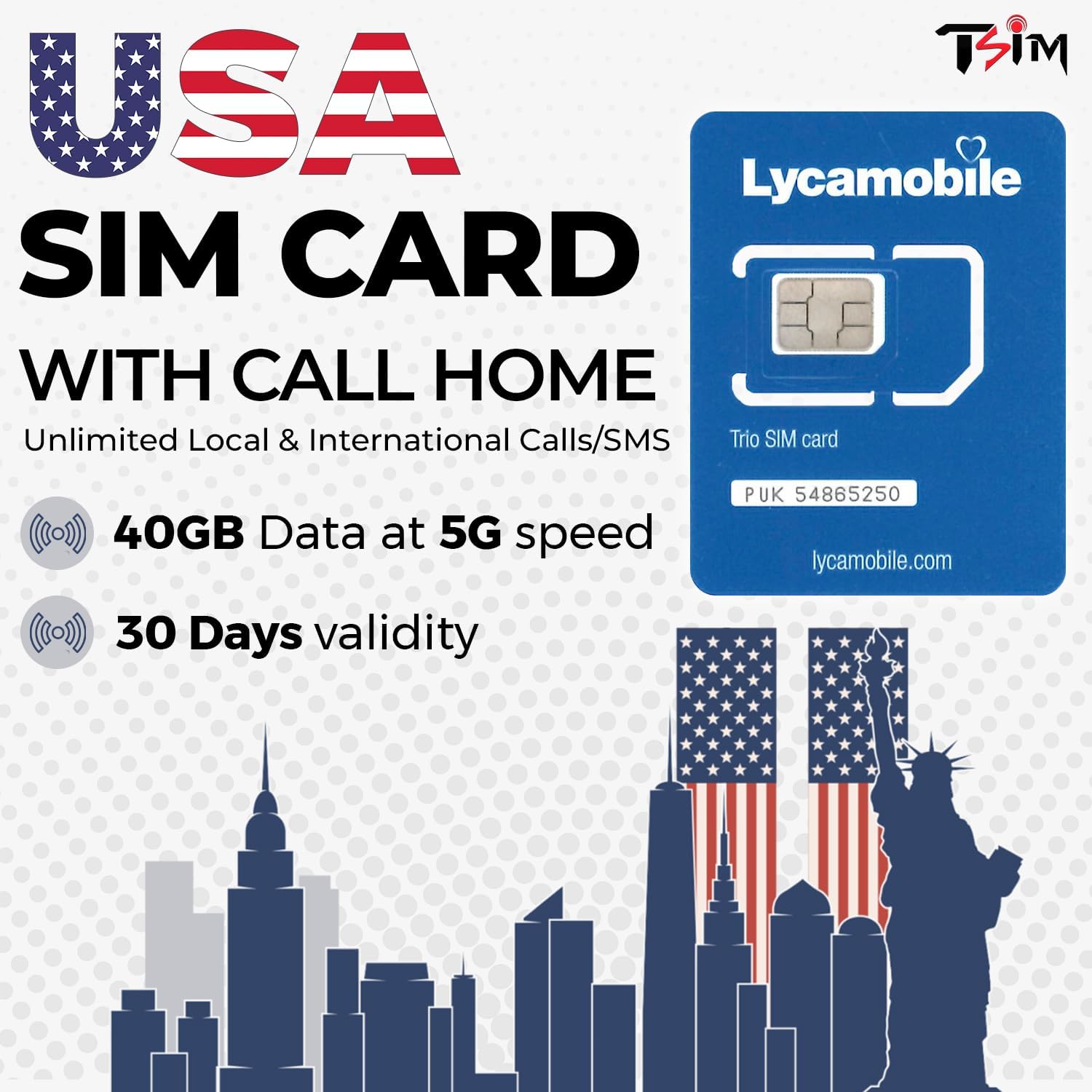 USA SIM Card for travel to the US. Unlimited Local and International calls/texts. Call home for free! Updated 5G Plan with Hotspot/Tethering! (40GB x 1 month)