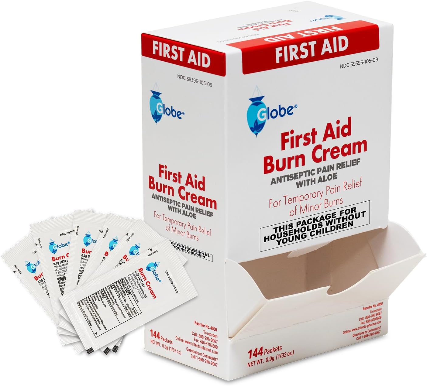 Globe First Aid Burn Cream, Aloe Formula, 0.9 g, Box of 144