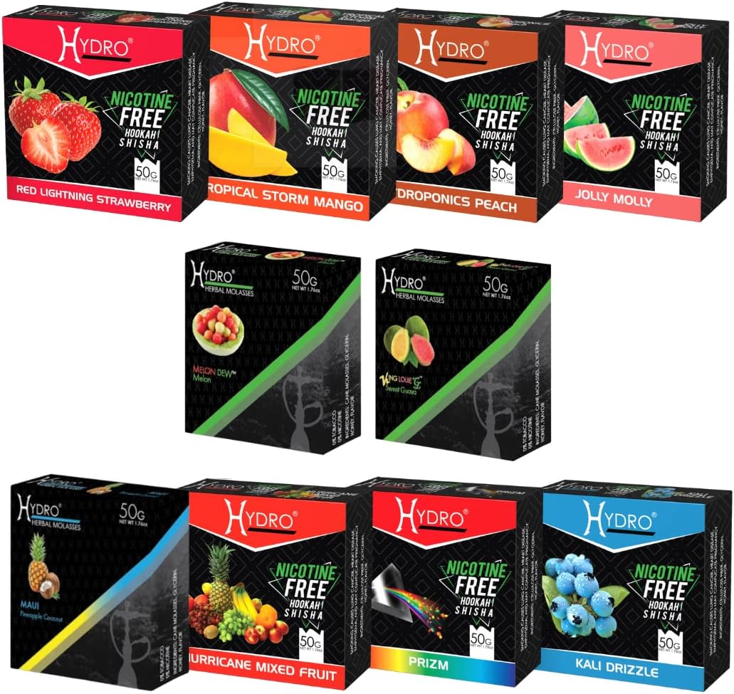 Hydro Hookah Flavors Bundle – Tobacco Free & Nicotine Free Shisha - Fruit Lovers Mix Premium Flavors – Natural, Long-Lasting, Smooth Taste, 50-Gram Packs (Pack of 10)