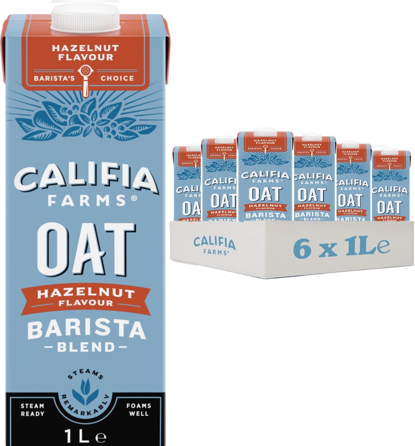 Califia Farms Hazelnut Oat Barista Blend with Calcium - Dairy Free, Lactose Free, Vegan (6 x 1L)