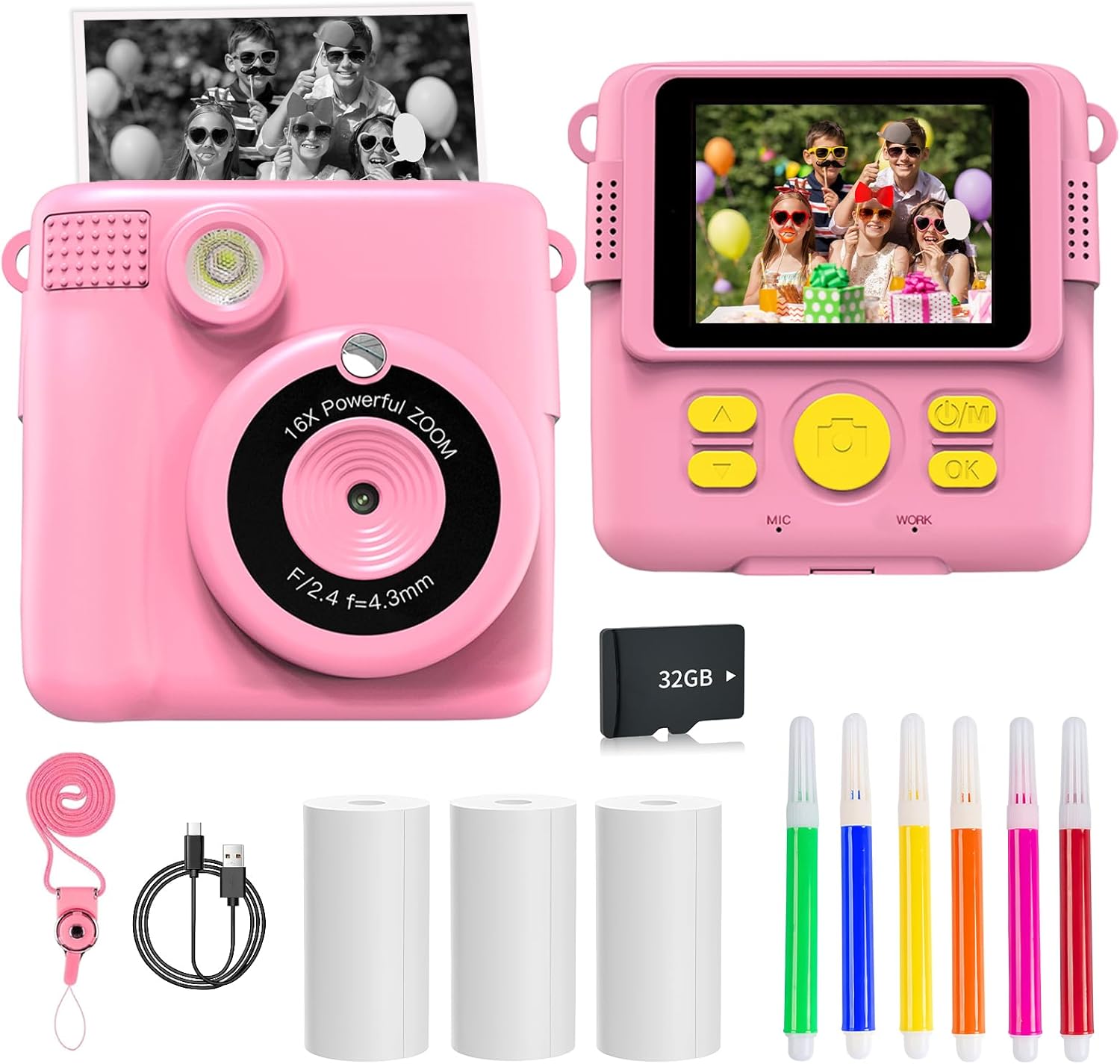 LuSeren Kids Instant Print Camera Toy, 1080P HD Digital Camera With Photo Paper, 6 Colour Pens, 32GB SD Card - Birthday Gifts for 3-12+ Year Old Girls and Boys