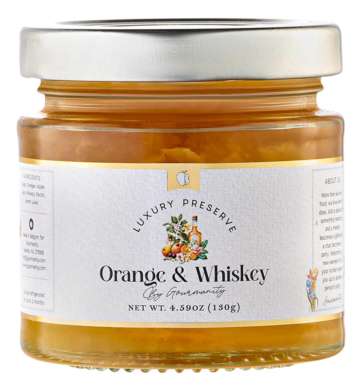 Gourmanity Orange Marmalade with Whiskey, Palate Pleasing Twist With Chunks of Fruit and Orange Peel, Perfect with Scones & Paired with Crackers and Cheese, All Natural, Non-GMO, Product of Belgium, 4.59oz
