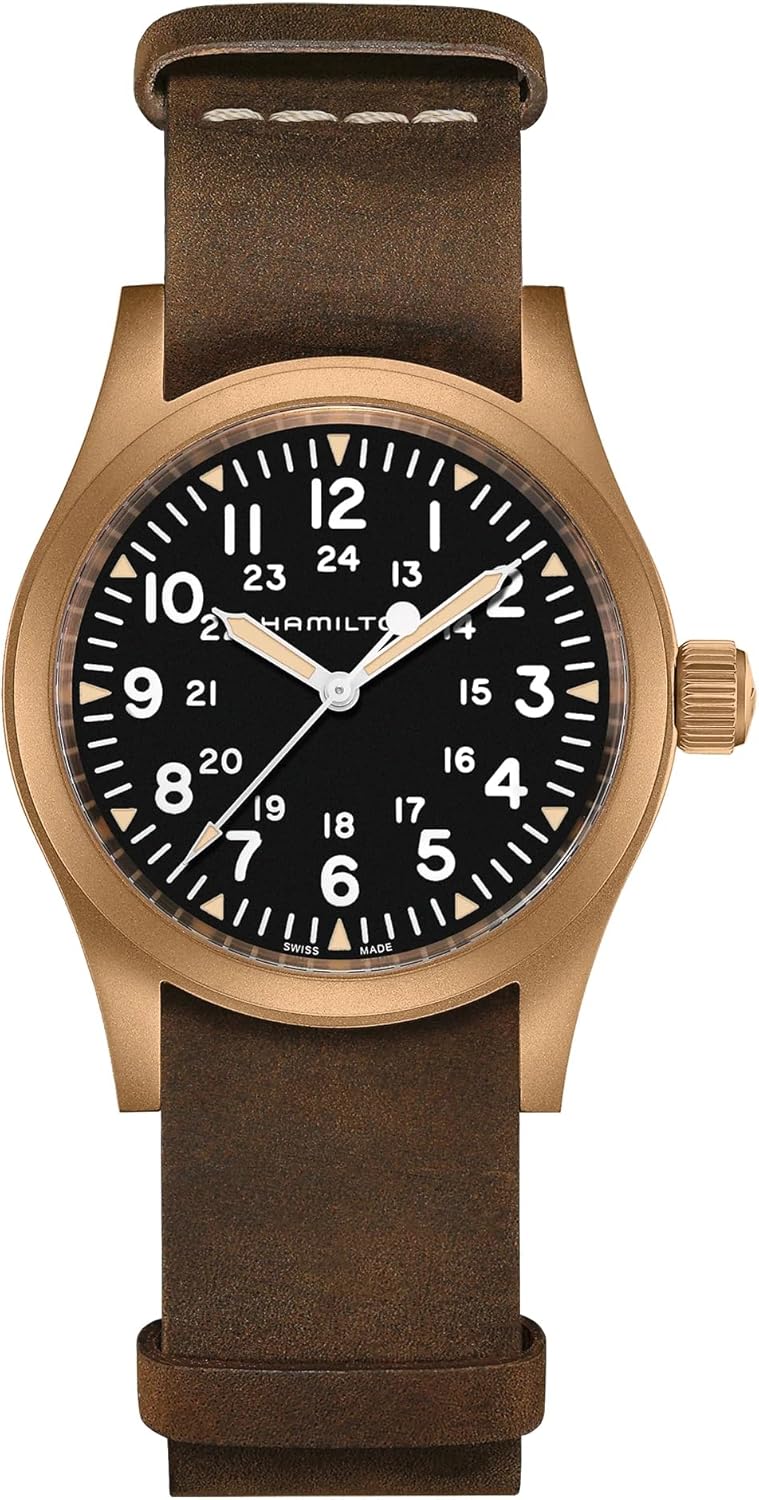 Hamilton Watch Khaki Field Mechanical Bronze | Swiss Made | 38mm Stainless Steel Case | Black Dial Analog Watch | Brown Leather NATO Strap (Model: H69459530)