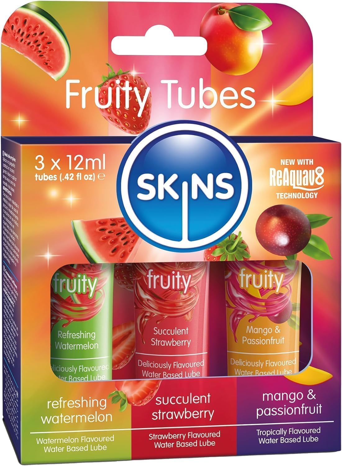 SKINS Lube Set - 3 Flavoured Water Based Lubricants - Fruity Edible Lube & Licks - Watermelon, Strawberry, Mango & Passionfruit Flavours for Oral Pleasure & Intercourse