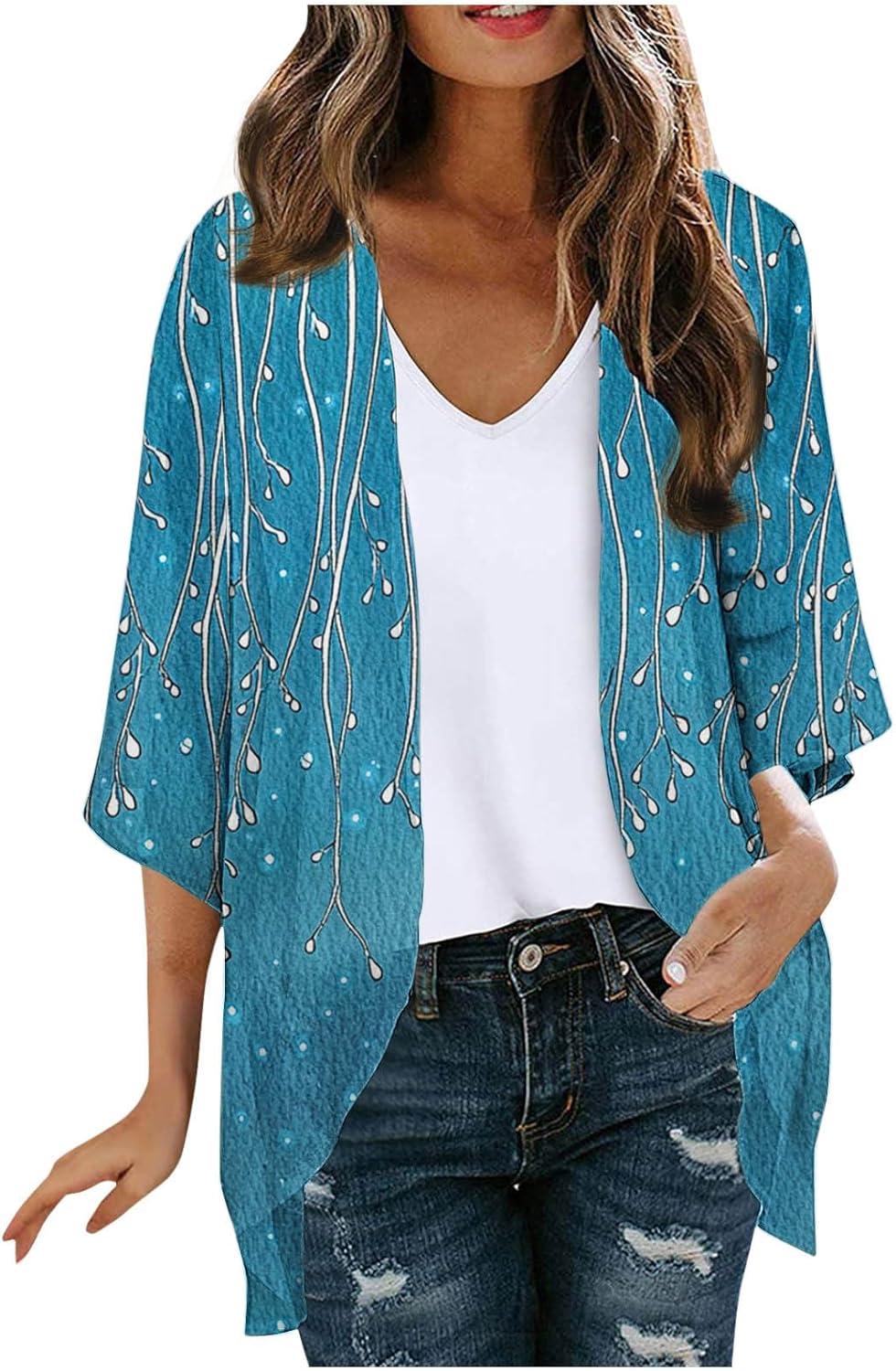 Women Kimono Cardigans Casual Tops Cover Up Lightweight Open Front Floral Print Resort Wear