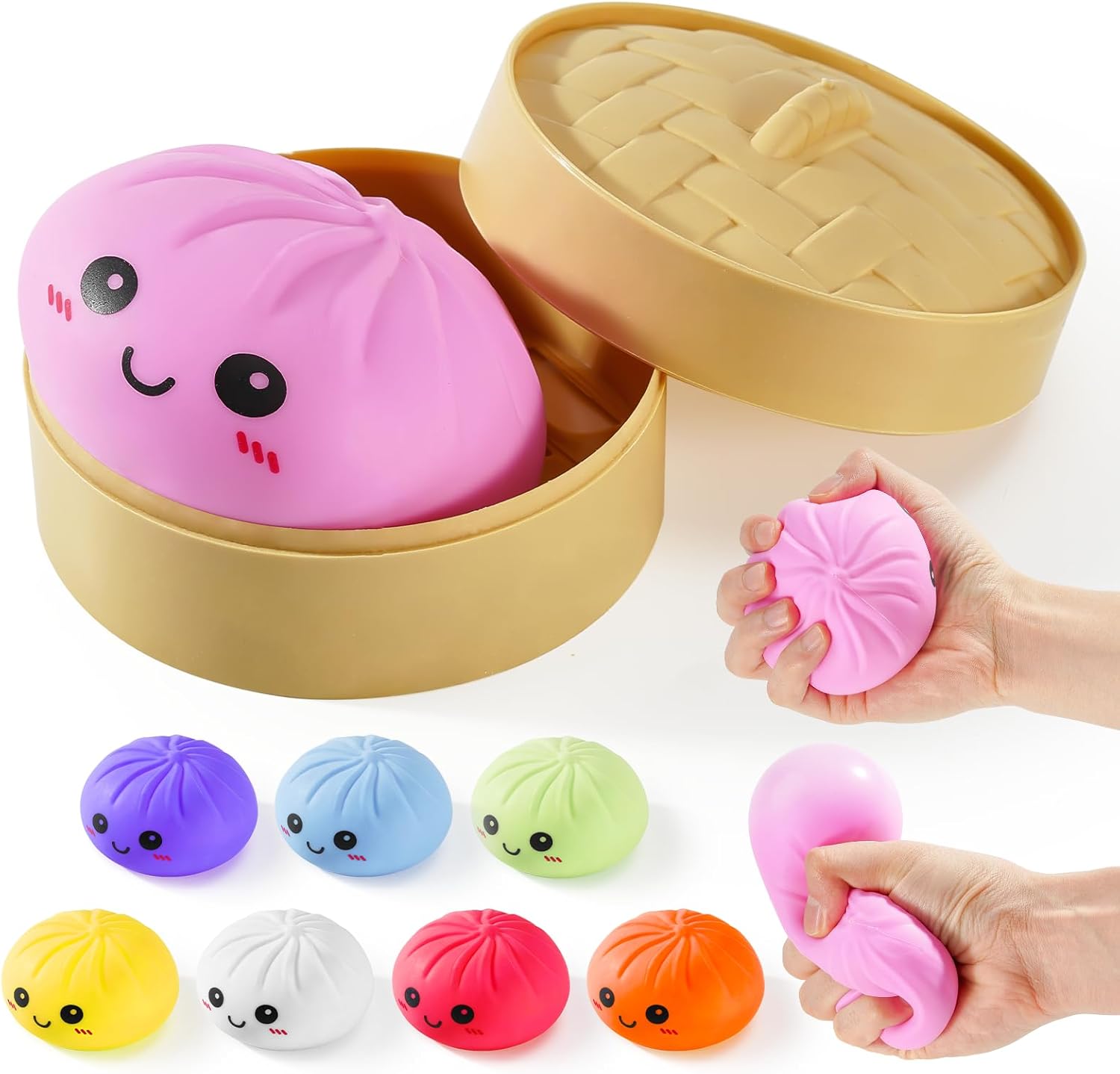 Doh Dumpling Squishy Toys, Gaint Dumpling Squishy Mystery Box, Colorful Squishies Dumplings Stress Balls Toy, Stocking Stuffers with Food Steamer Stretchy Desk Toy (Pink)