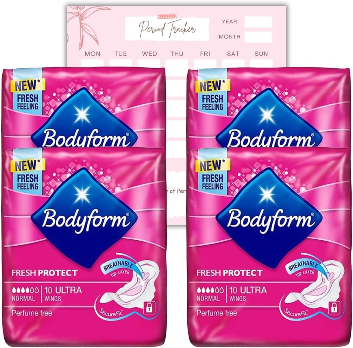 Body Form 10 Ultra Sanitary Towels with Wings Pack of 4, 40 (10 x4 Packs) Perfume Free Period Pads, Normal Flow Cour-V Ultra with Caliko Period Tracker
