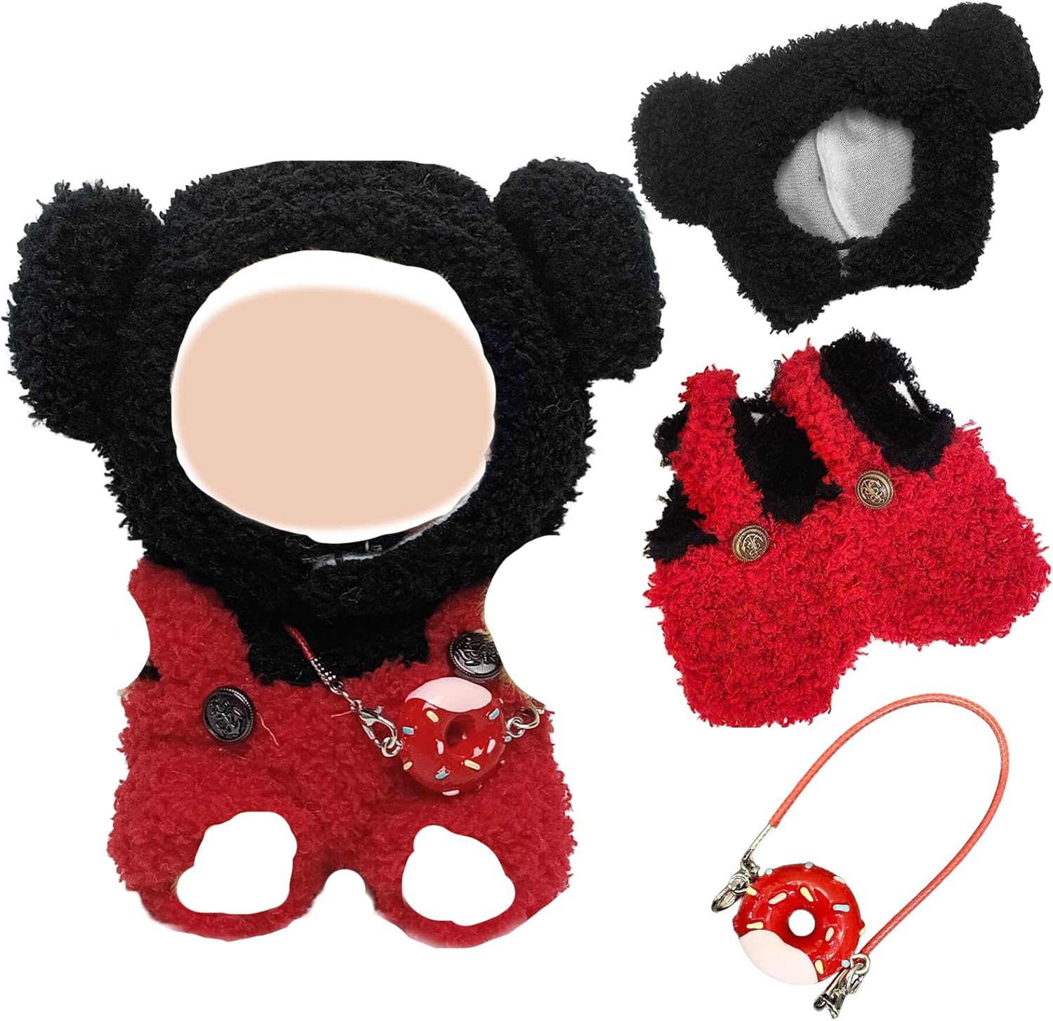 17cm Doll Clothes Cartoon Animals Plush Clothes Accessories Set with 1 Jumpsuit Top Pants Set 1 Black Ears Hat 1 Donut Decoration for Girls Boys Kids Birthday Gifts No Doll