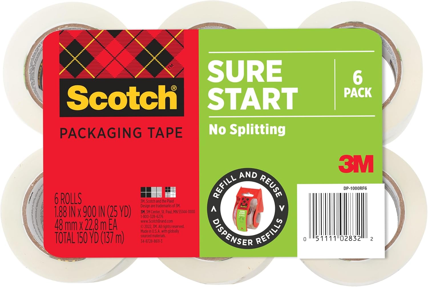 Scotch Sure Start Packing Tape, Clear, Quiet Unwind and Easy Start, 1.88 in. x 25 yd., 6 Tape Rolls, Designed for Packing, Shipping and Mailing, No Splitting or Tearing, 1.5" Core, Packaging May Vary