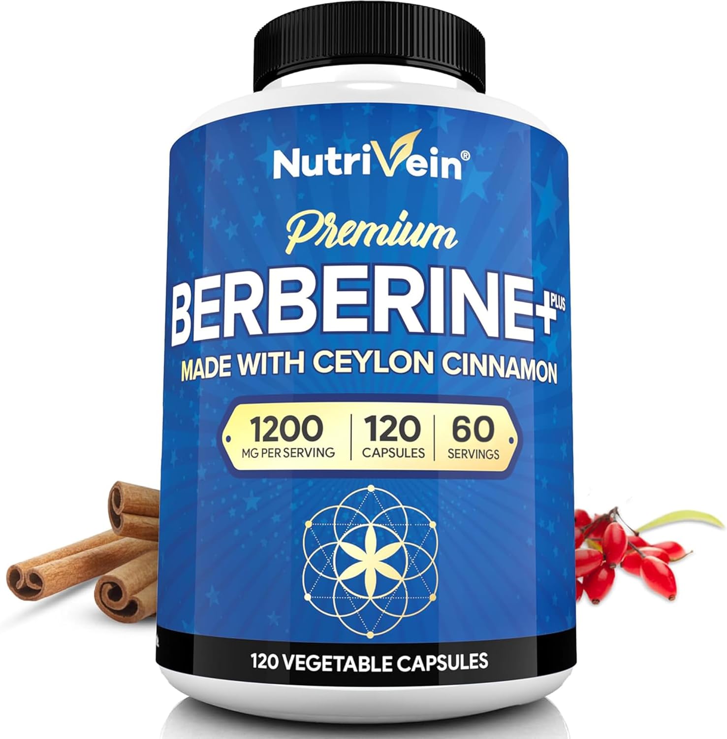 Nutrivein Premium Berberine HCL 1200 mg with Ceylon Cinnamon - 120 Capsules: High-Absorption Berberine Supplement for Defenses, Digestion, & Metabolism