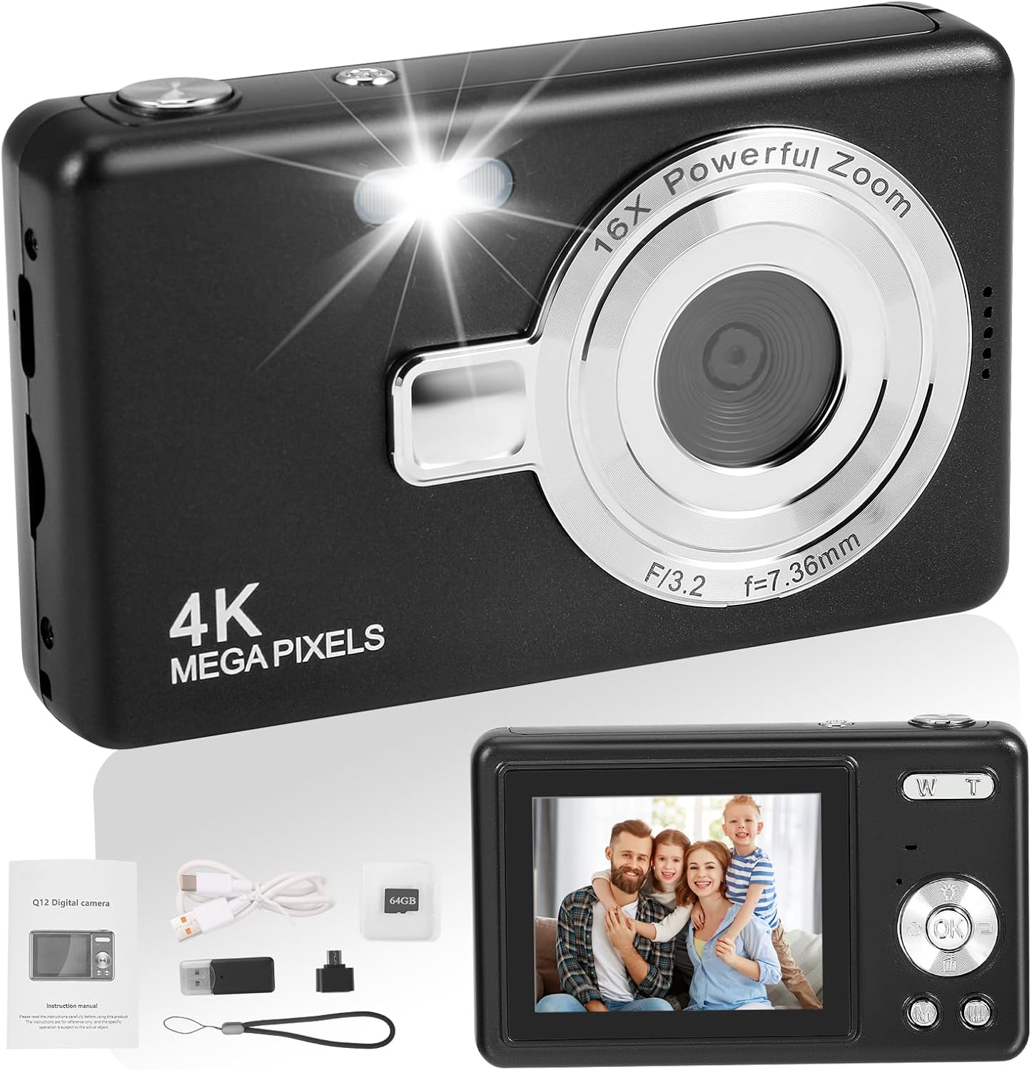 Digital Camera 1080P FHD 44MP Compact Vlogging Camera for Kids and Teens, Mini Photo Camera with 2.4" Screen, 16X Digital Zoom, Anti-Shake, Battery Included, for Beginners