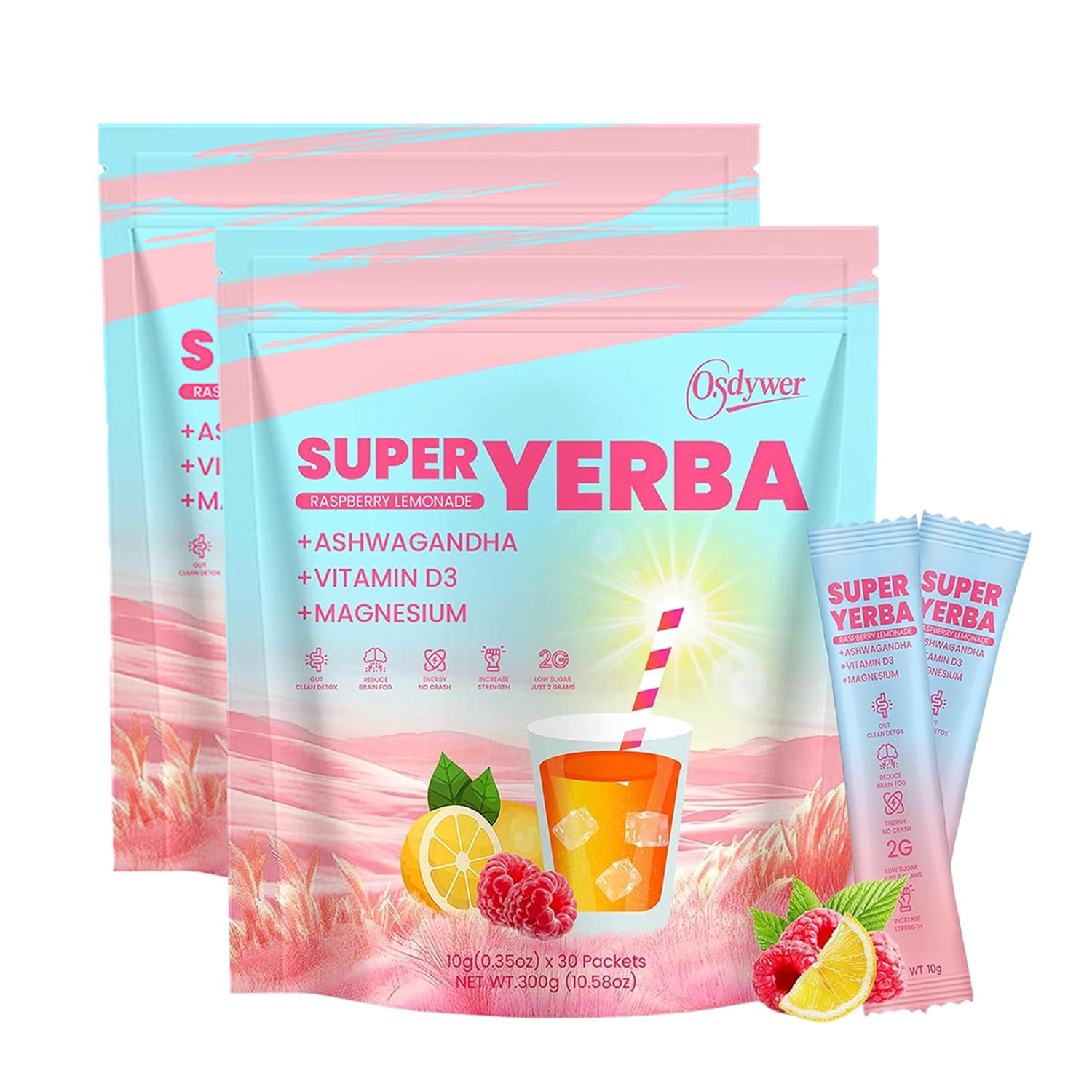 Super Yerba, Yerba Mate Instant Tea Powder –Raspberry Lemonade Flavor, Natural Energy & Focus Boost-30 Servings (2)