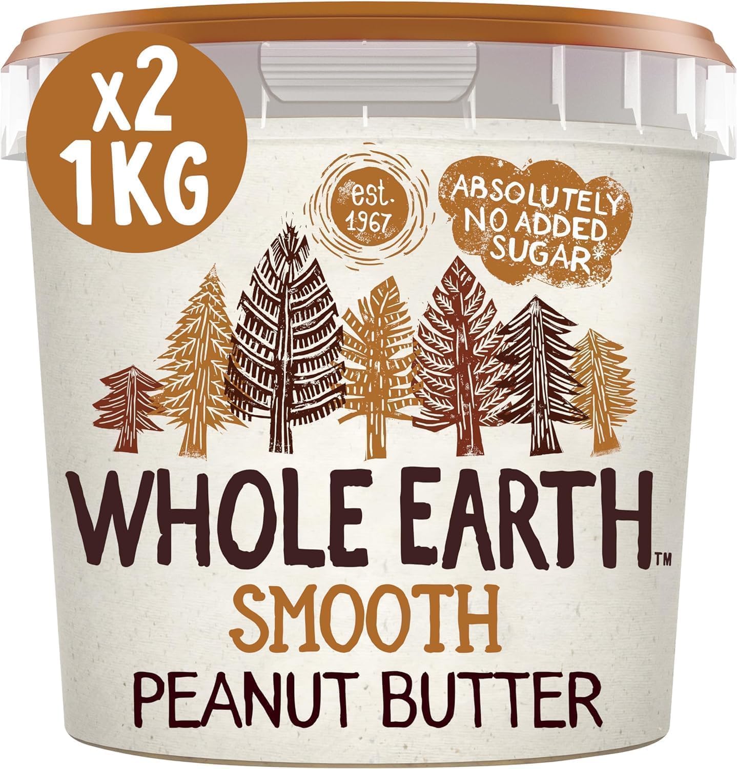 Whole Earth SMOOTH Peanut Butter , All Natural Ingredients, No Added Sugar, Gluten Free, Vegetarian & Vegan Friendly 2 x 1kg Tub