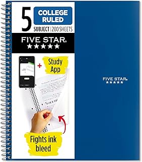 Five Star Spiral Notebook + Study App, 5 Subject, College Ruled Paper, Fights Ink Bleed, Water Resistant Cover, 8-1/2" x 11", 200 Sheets, Blue (73635)