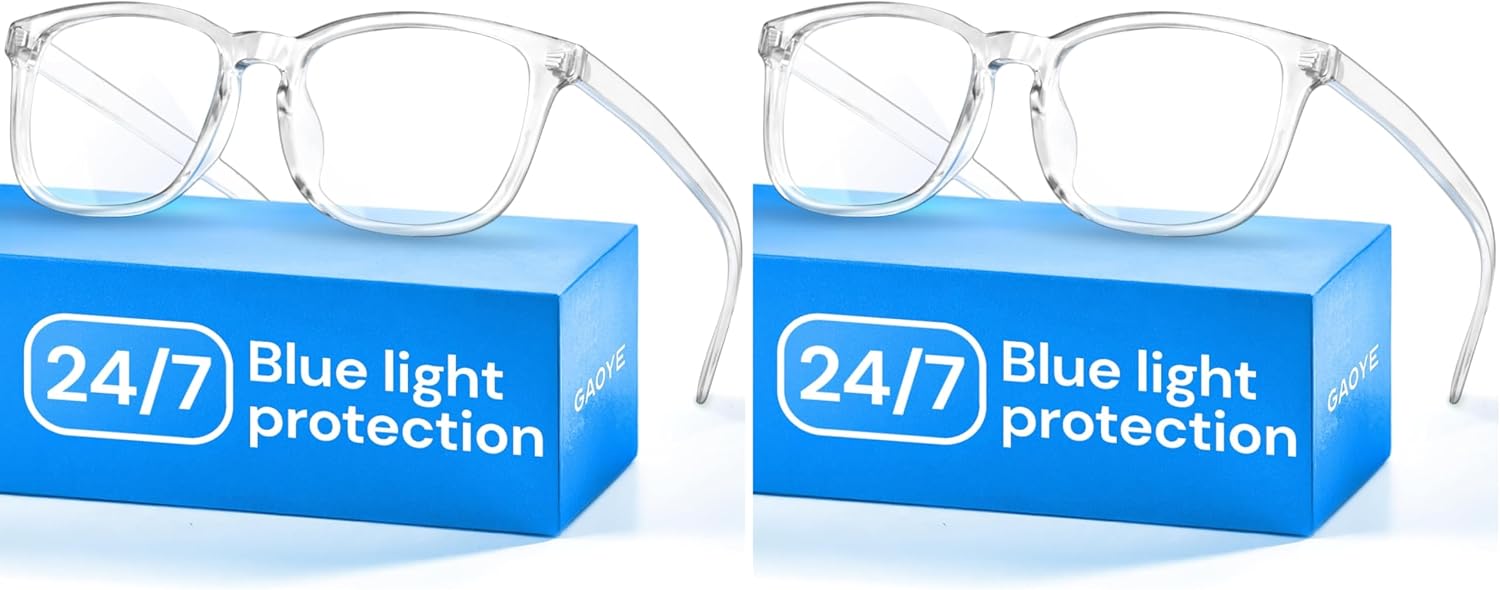 Gaoye Transparent, Clear Blue Light Glasses for Computer & Gaming - Anti UV Ray Lenses, Scratch-Resistant & Comfort Fit (Pack of 2)