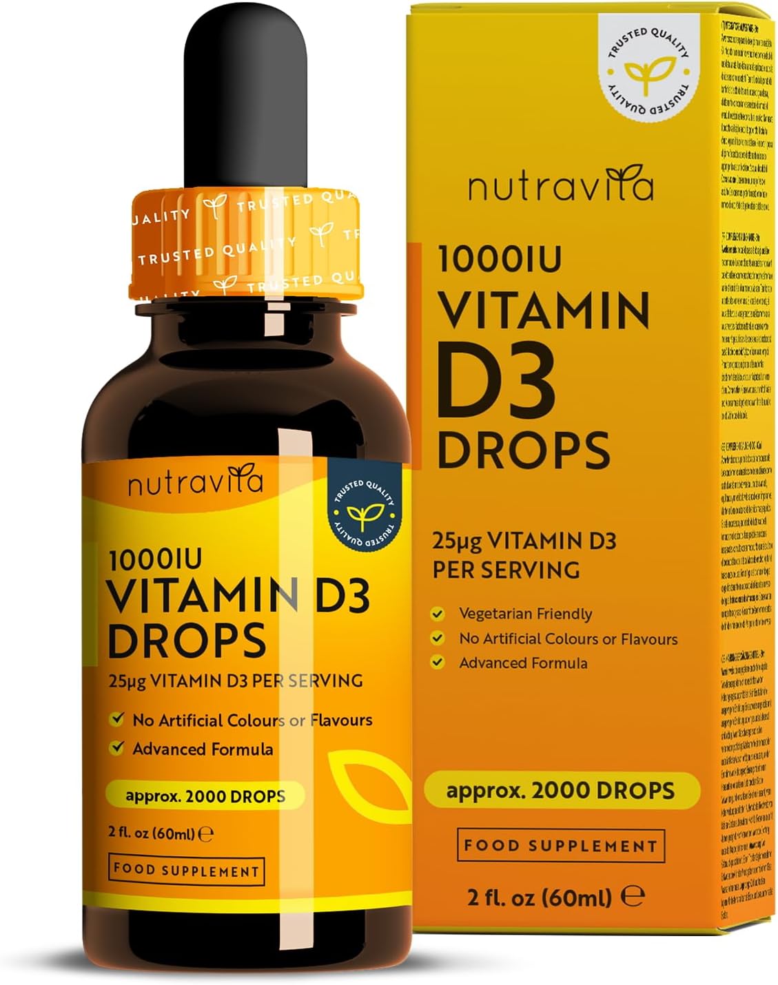 Vitamin D3 Drops 60ml (2000 Drops) – Vitamin D 1000IU per Drop – Flexible Dose of Liquid Vitamin D Supplement – Supports Normal Bones, Immune System & Calcium Absorption - Made by Nutravita