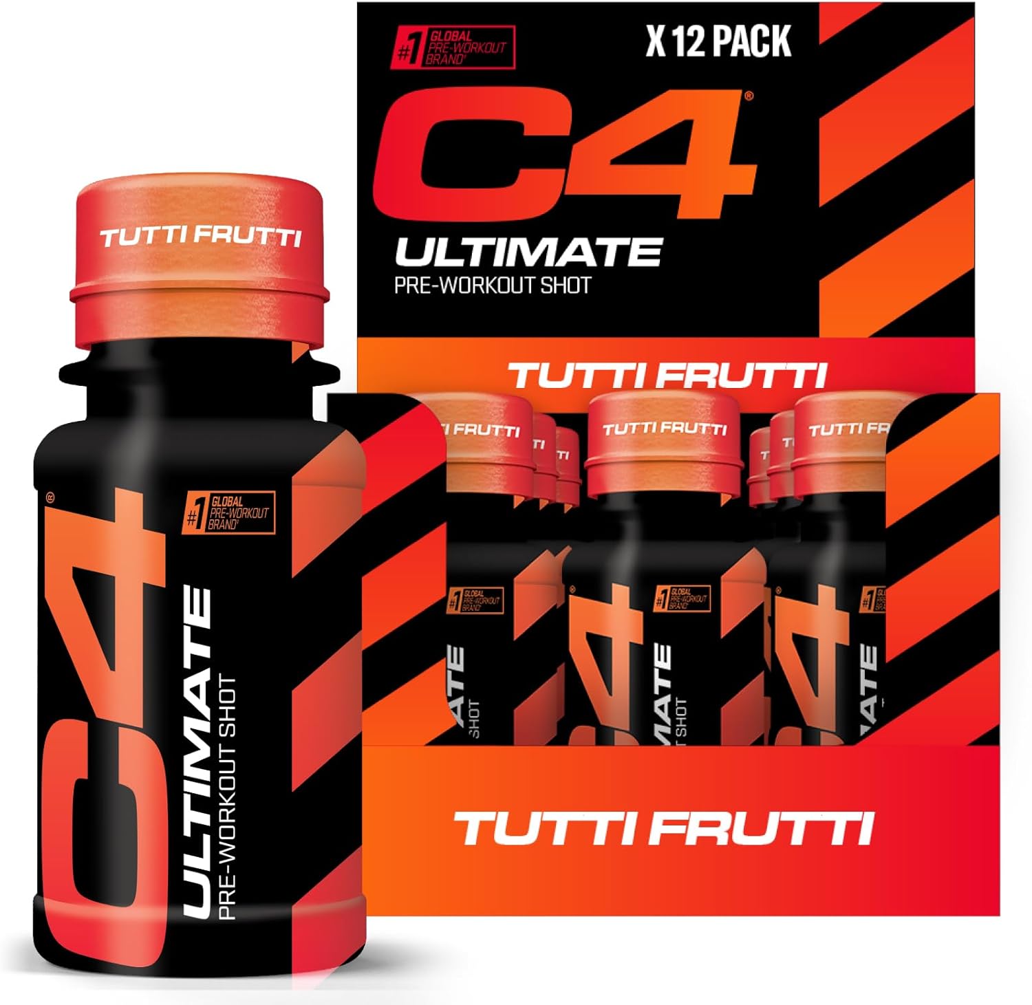 C4 Ultimate Pre-Workout Shot | Tutti Frutti Flavour Energy Shots, 12 x 60ml Bottles | Sugar Free Pre-Workout Shot with 200mg Caffeine, 2000mg L-Citrulline, 2000mg Beta Alanine, 800mg Betaine