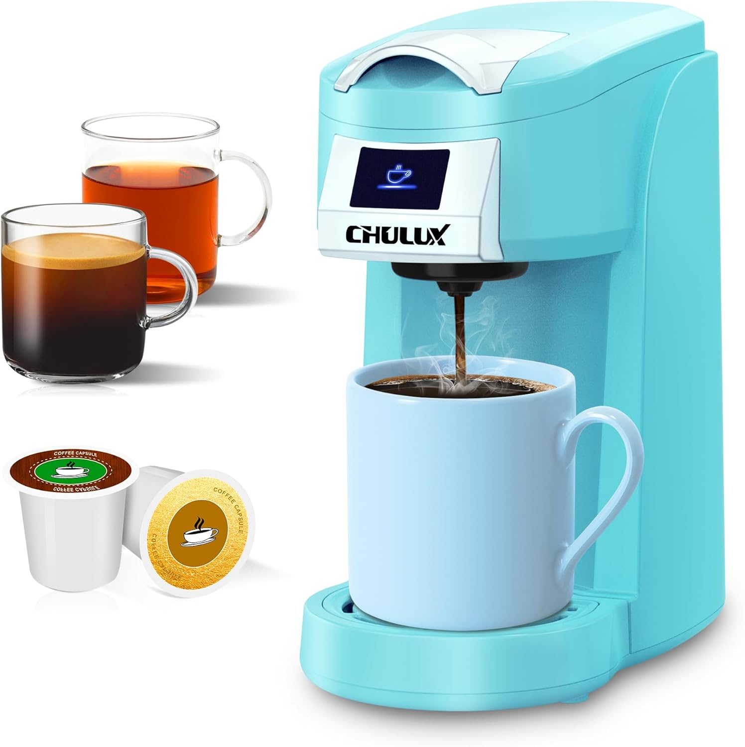 CHULUX Single Serve Coffee Maker for K Cup, One Button Easy Coffee Machine for Office, RV, Travel and Dorm, Cyan
