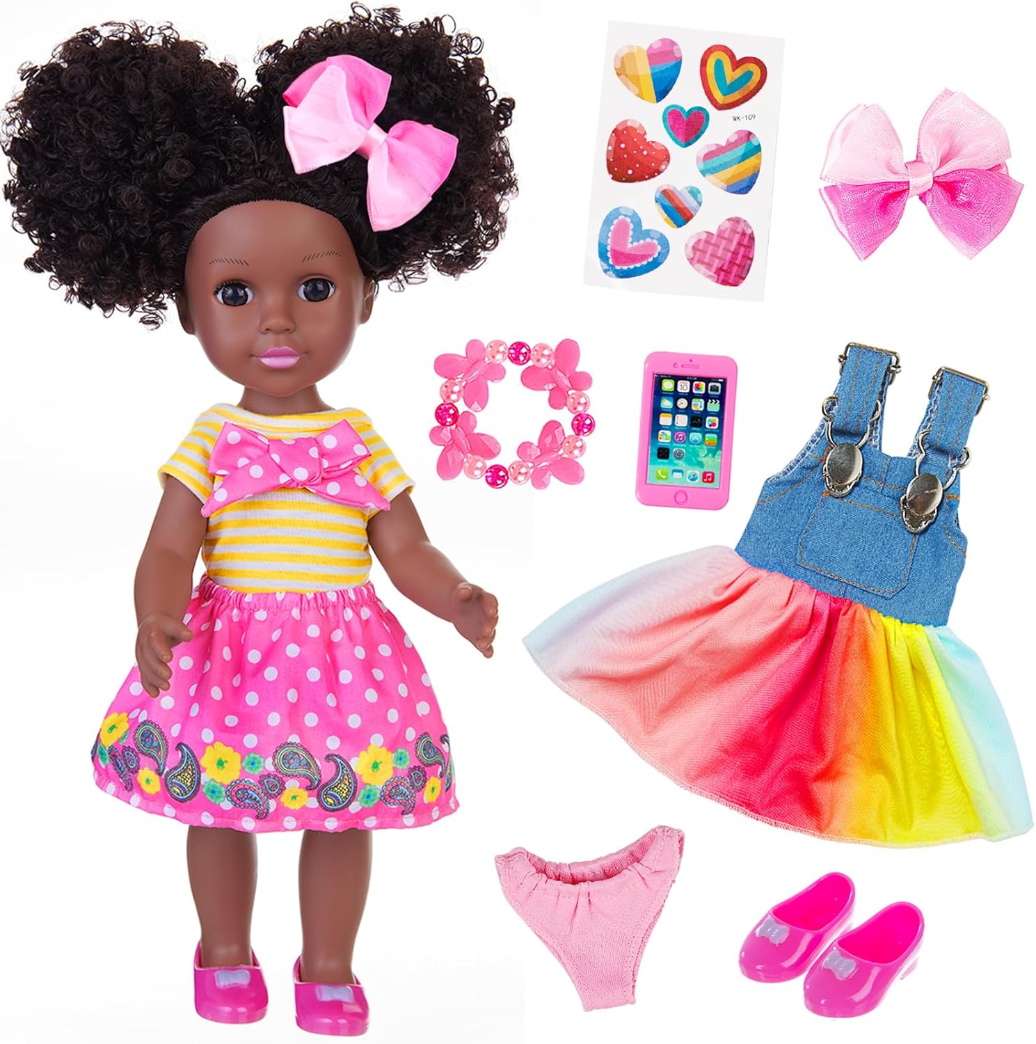 ZITA ELEMENT 14.5 Inch Silicone Black Doll Set Black African Baby Doll with Yellow Striped T-Shirt, Colorful Dress and Other Accessories as A Delightful Gift for Girls