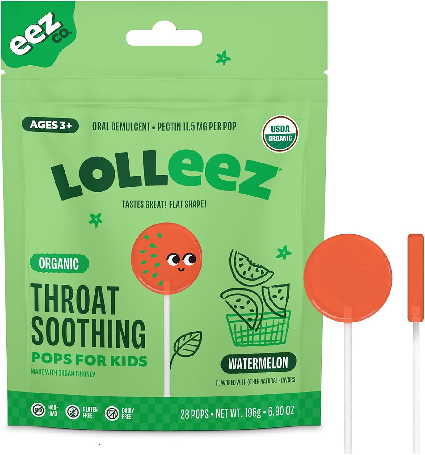 Lolleez Organic Lollipops for Sore Throat Relief – Watermelon Perfect for Soothing A Sore Throat While Tasting Great– Watermelon Flavor, 28- Count
