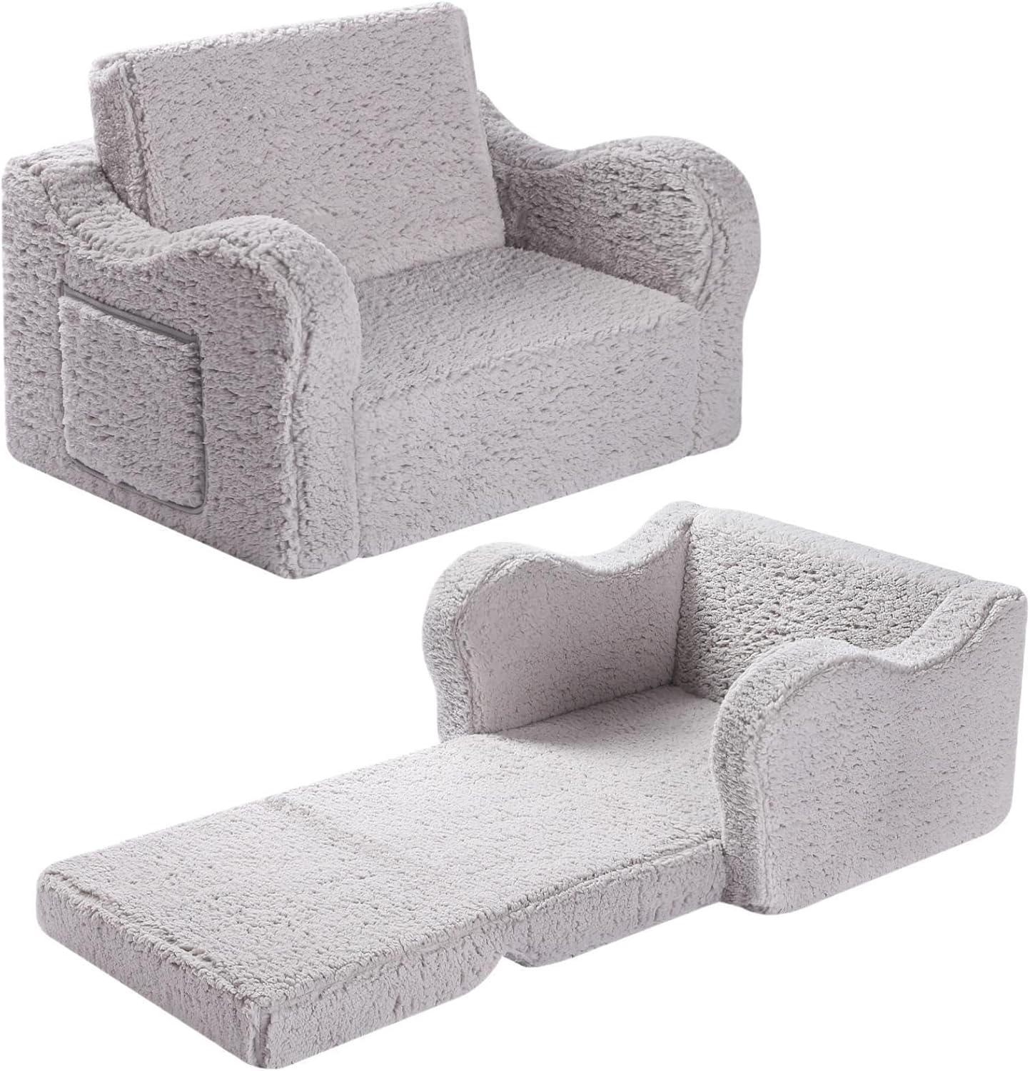 MOMCAYWEX Kids Sofa Chair, 2-in-1 Foldable Couch, Sherpa, Grey | Fold-Out Sofa Furniture, Removable Washable Soft Cover, Lightweight, Reading Playing Comfy Convertible Chair, Boys Girls