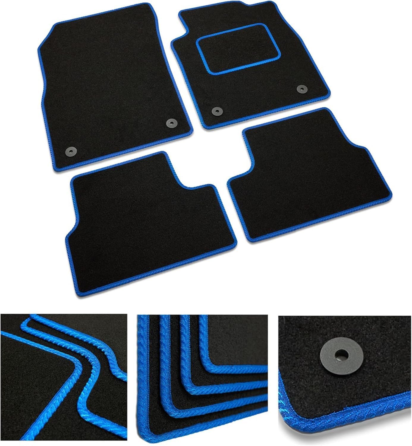 DB Bespoke - Tailored Car Mats - Compatible with Ford Fiesta 2017-2020 - Black Carpet - Non-Slip Carpet Mat - 4 pc Complete Car Floor Mats with 1 clips - Black with Blue Trim