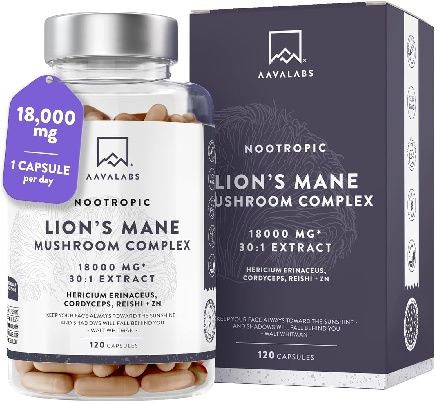 Lions Mane Supplement-18,000mg (30:1 Extract)+Zinc, Reishi & Cordyceps-3 Mushrooms Herbal supplements -Nootropic Complex Lion's Mane Mushroom Supplement-120 Lion's Mane Capsules(Not Lions Mane Powder)