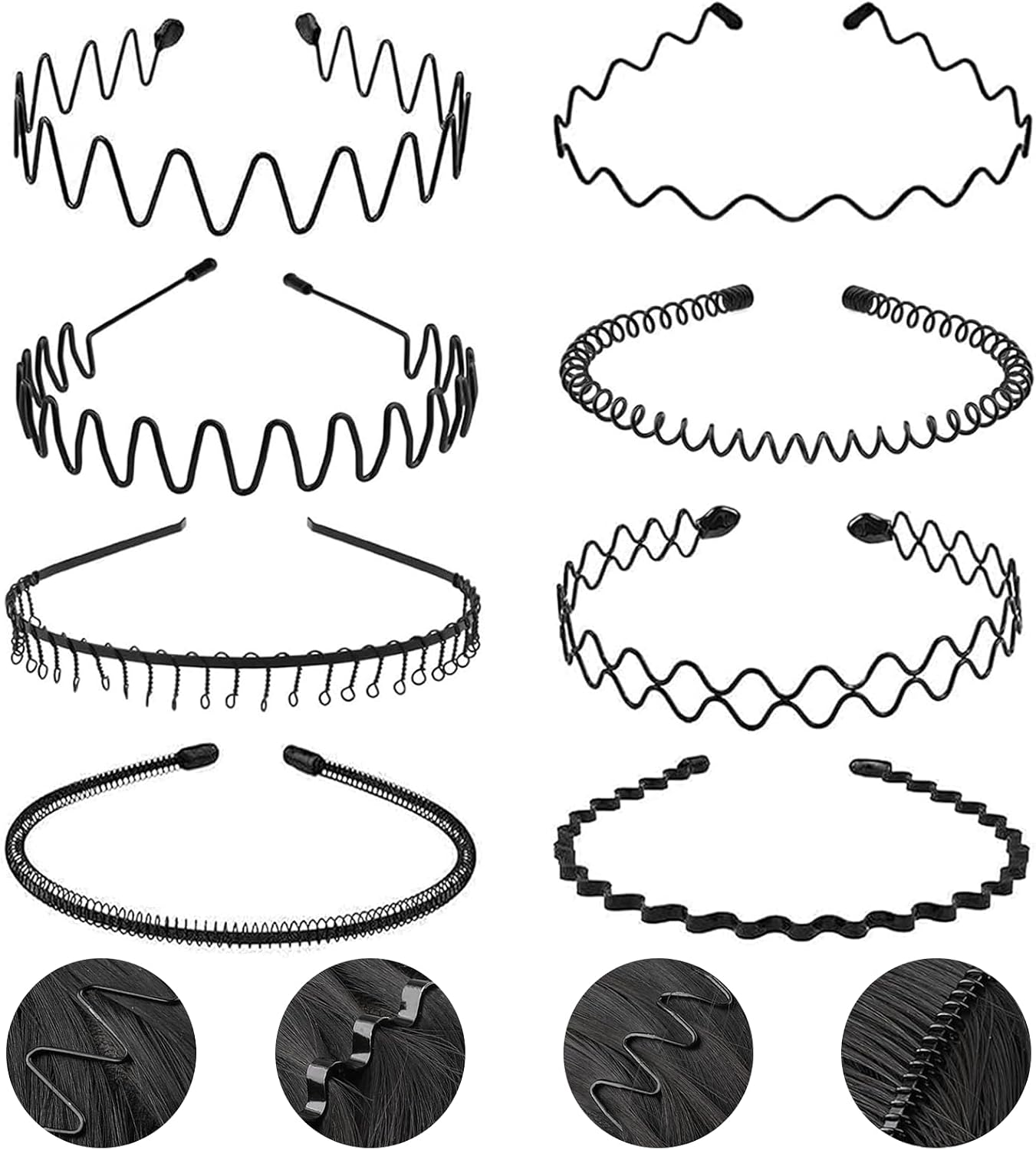 Women's Metal Hair Band, Black Wave, Elastic Headband, Pack of 8