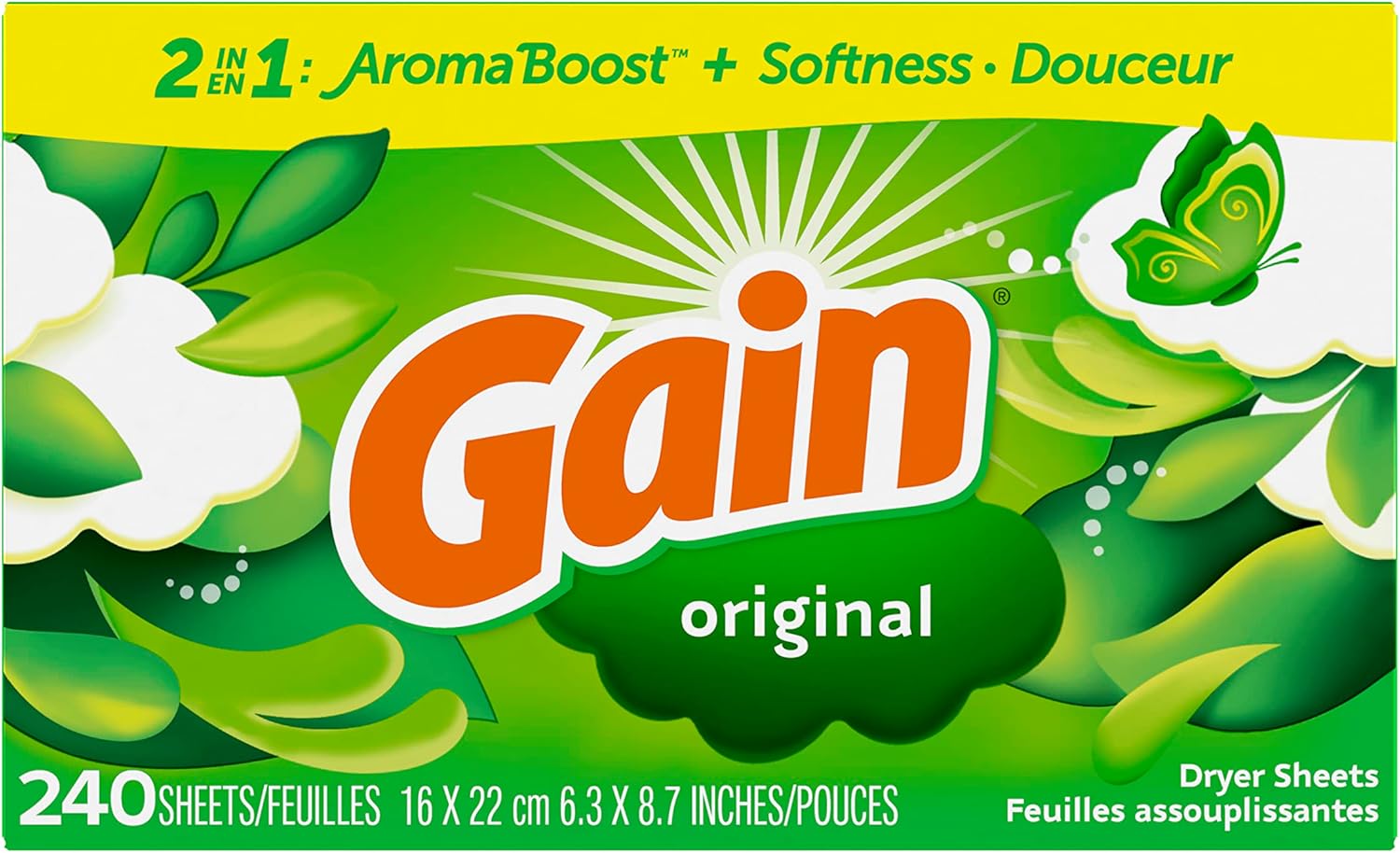 Gain Dryer Sheets Plus Wrinkle Release, Original Scent, 240 Count, Fights Static With a Touch of Scent, Laundry Sheets
