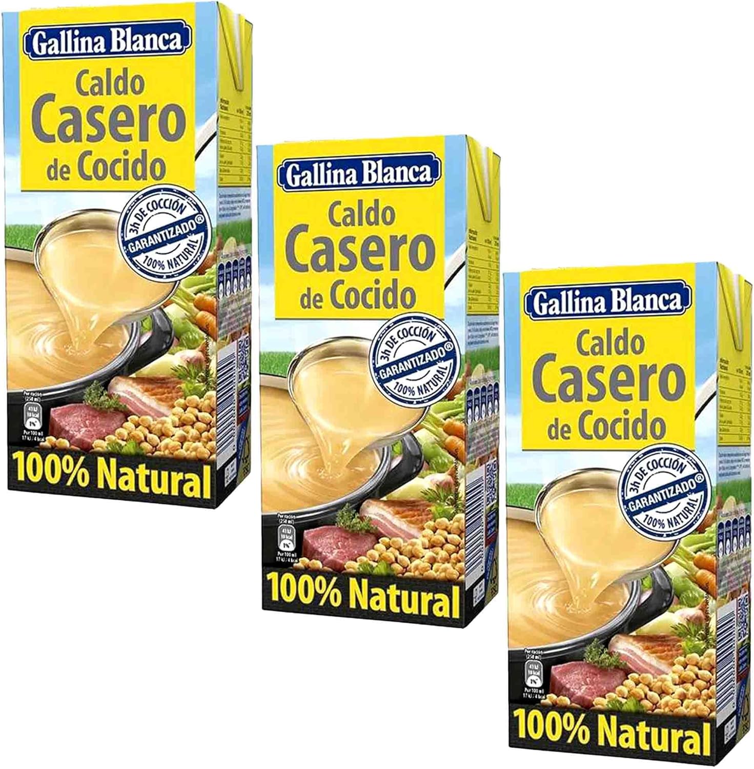 Spanish Meat Broth Stew Gallina Blanca 100% Natural | Gluten Free | Clear Liquid Broth, not Stock Cubes, Powder or Concentrate Gallina Blanca Casero de Cocido| 3x 1L