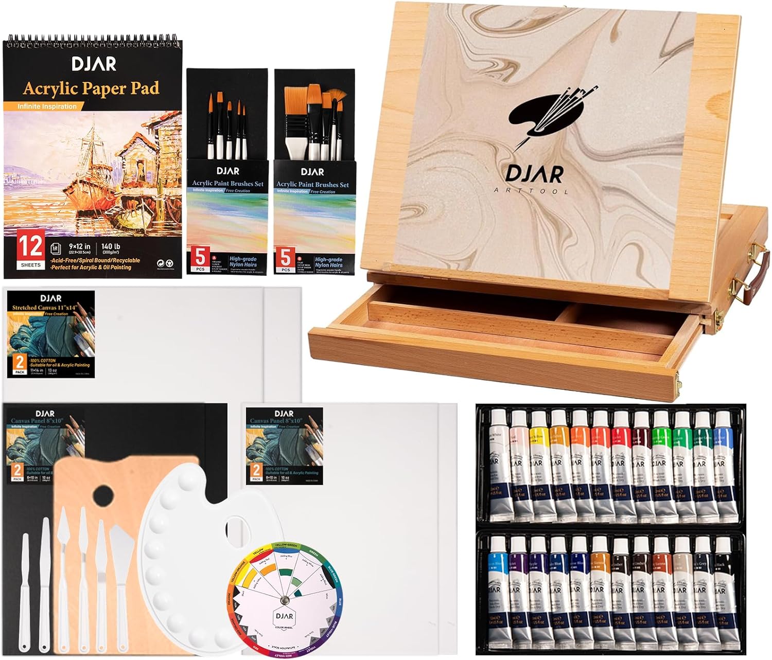 DJAR 50 pcs Acrylic Paint Set with Tabletop Easel Box, 24 Acrylic Paint Colors, Sketchbook, Painting Pads, and Complete Acrylic Art Supplies Kit for Adults, Teens, and Beginners