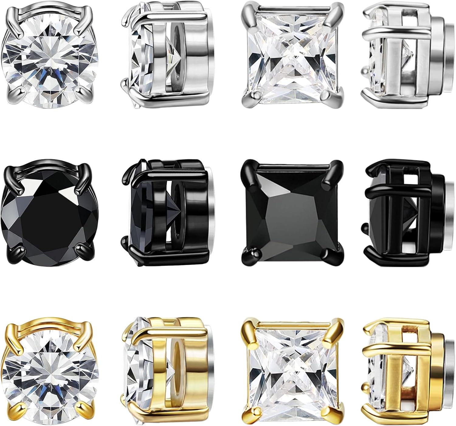 NEWITIN 6 Pairs Stainless Steel Magnetic Stud Earrings for Men Clip on Earring Magnetic Earring Unisex Non Piercing CZ Magnet Studs Diamond Earrings for Women Men