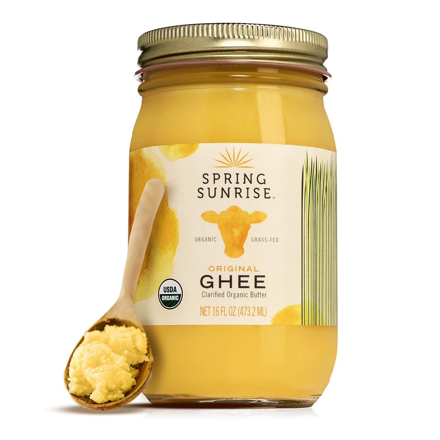 Spring Sunrise Organic Grass Fed Ghee Butter - USDA Certified Organic Clarified Butter - Paleo, Keto Friendly, Non-GMO, Gluten, & Casein Free Cooking Oil - Sustainably Sourced (16oz Jar)
