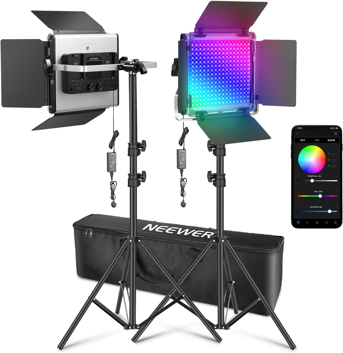 NEEWER Upgraded 660 PRO II RGB LED Video Light with App Control & Tripod Stand Kit, 2 Pack 50W/1% Min Dimming/CRI97+/3200~5600K Key Lighting for Game Streaming YouTube Recording Studio Photography