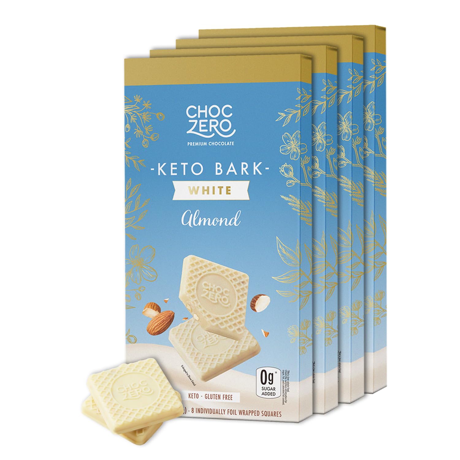ChocZero Keto Bark, White Chocolate Almond, No Added Sugar, High Fiber, Low Carb, No Sugar Alcohols, No Artificial Sweeteners, 3.2 Ounce (Pack of 4)