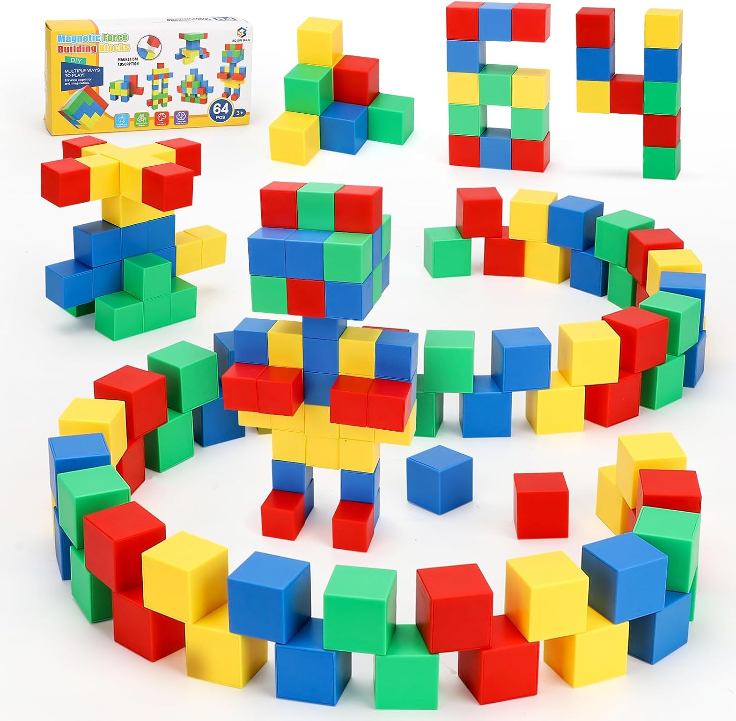 64 PCS Magnetic Blocks for Kids, Learning Magnet Cubes Building Toys for Toddlers, STEM Educational Sensory Montessori Square Toy for Boys and Girls