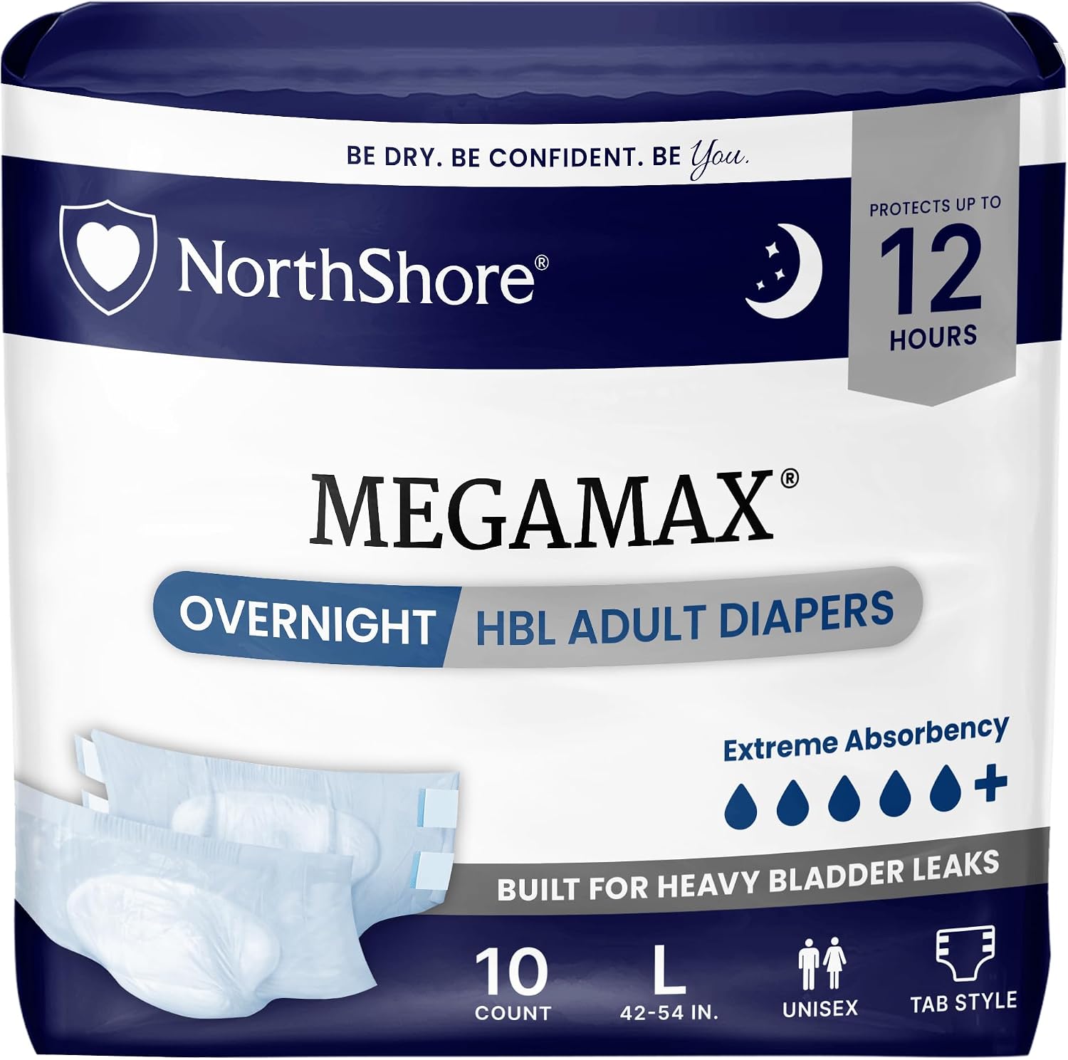 NorthShore MegaMax HBL Adult Diapers with Tabs, White, Large, 10 Count