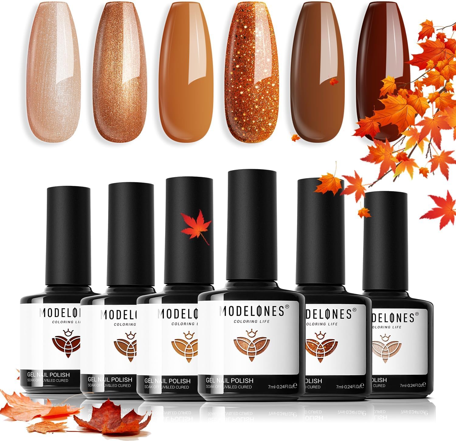 Modelones Gel Nail Polish Set, 6 Colors Fall Brown Gold Gel Polish Champagne Glitter Nail Polish Orange Yellow Nude Varnish Kit Soak Off Nail Art Manicure DIY Salon for Women