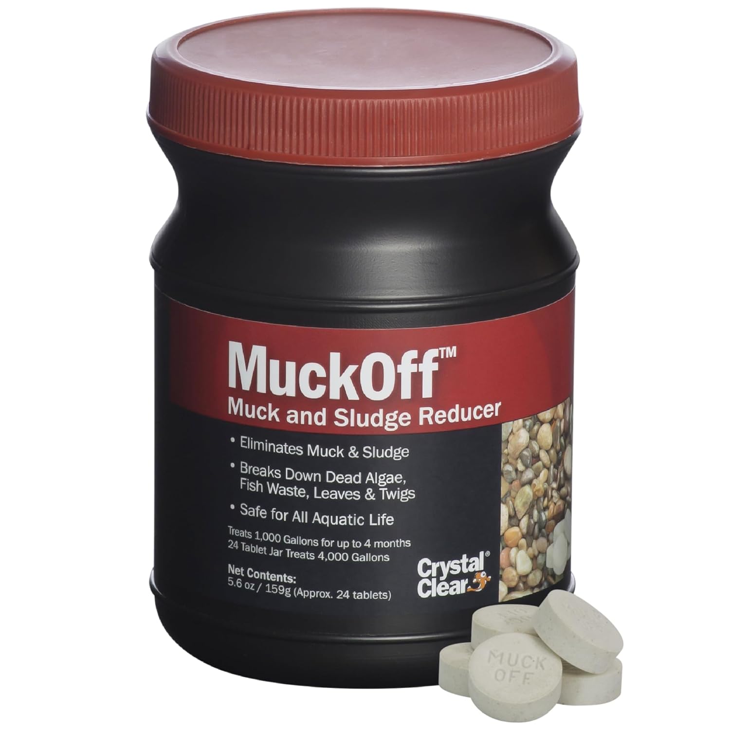 CrystalClear MuckOff, Natural Pond Muck Treatment, Water Garden, Fountain & Bird Bath Sludge Remover, Living Beneficial Bacteria Clarifier with Enzyme, Fish, Aquatic Animal, & Pet Safe, 24 Tablets