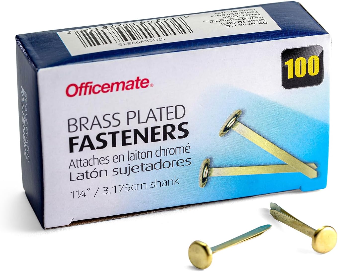 Officemate Brass Plated Fasteners, 1.25-Inch Length, 0.375-Inch Head, 100 per Box (99815)
