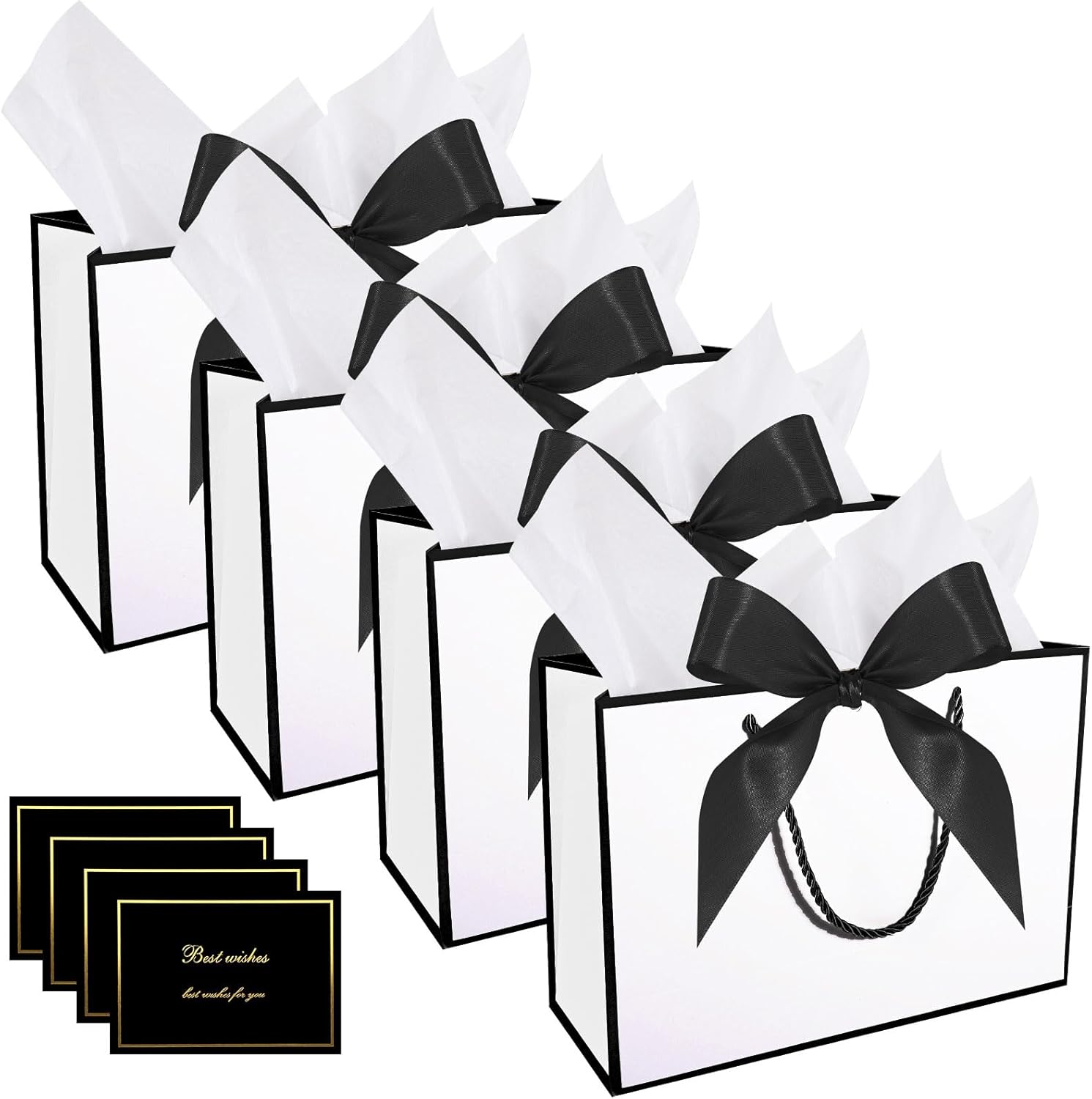 HuaJiao 4Pcs Gift Bags, Medium Present Bag Gift Wrapping Bag with Bow Ribbon Tissue Paper and Cards Gift Bag for Birthday Wedding Party 28x10x20cm (Black Edge)