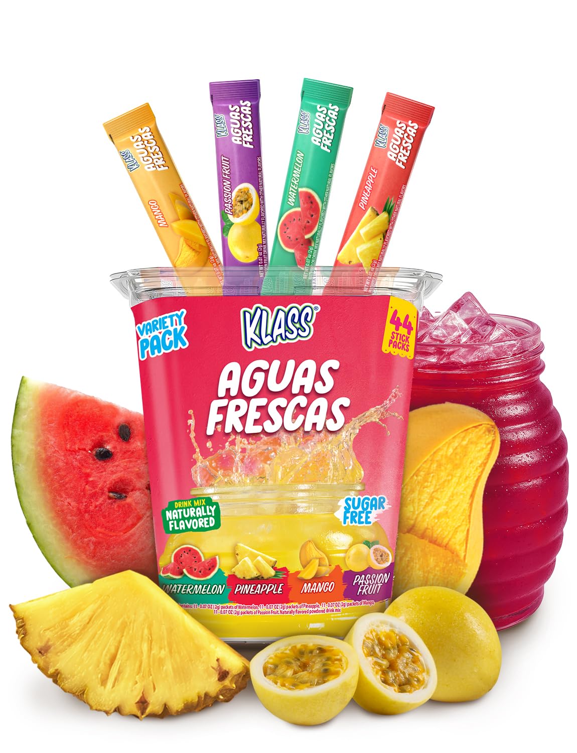 Klass Aguas Frescas Powdered Drink Mix | 44 Sugar Free Powder Packets | Flavors - Mango Watermelon Pineapple & Passionfruit - Water Enhancer To Go!