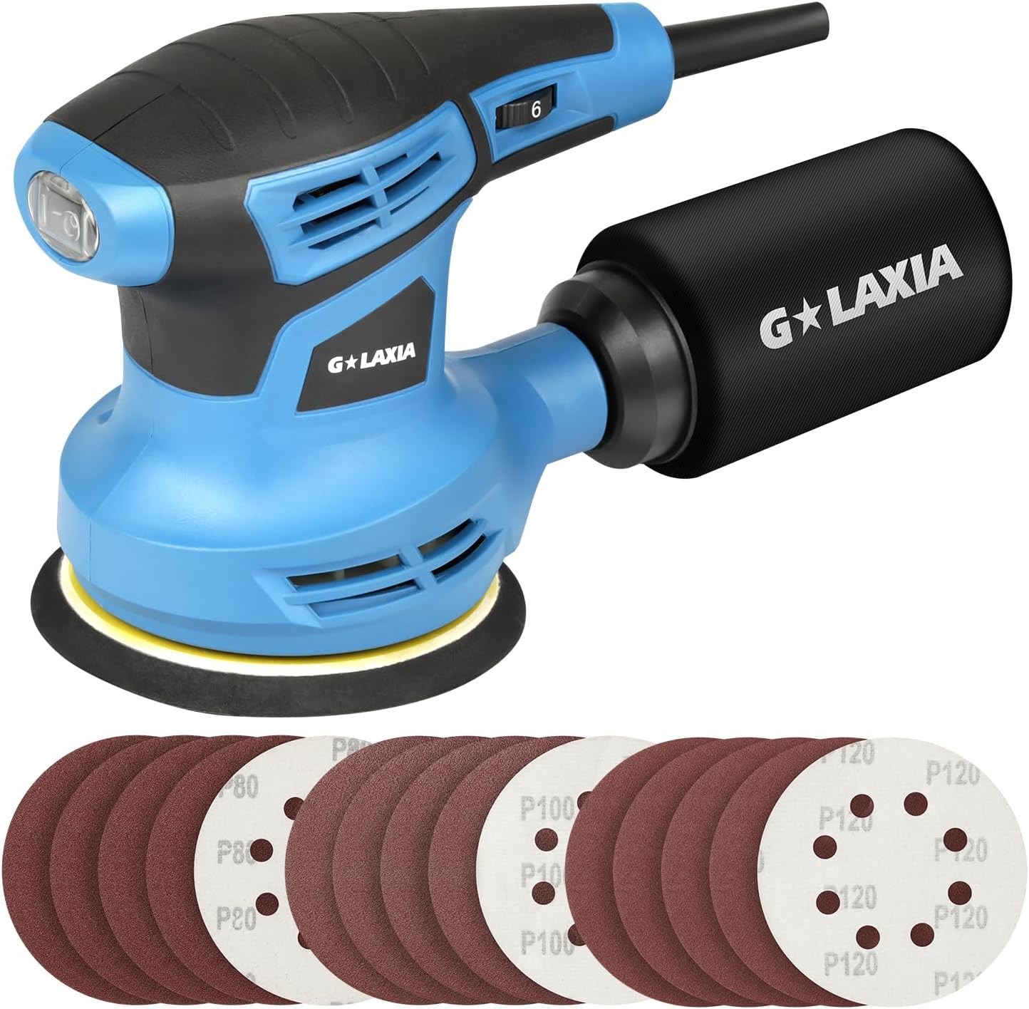 Orbital Sander，2.5Amp 5-inch Electric Sander with 15 piece Sanding Discs, 6 Variable Speed 6000-13000OPM and Dust Collection System for Sanding and Polishing