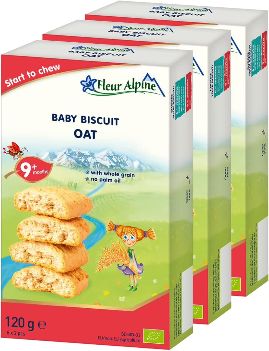 Fleur Alpine Baby Biscuit OAT Cereal Taste, 3 x 120g I Whole Grain Food Snack for Toddlers from 9 months I 18 x 2 Biscuits