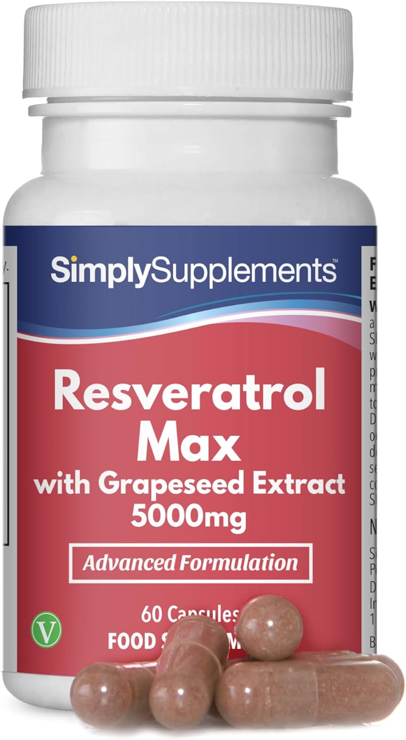 Resveratrol Capsules with Grapeseed Extract & Green Tea | Potent Formula with Vitamin C & Thiamin | Vegan & Vegetarian Friendly | 60 Capsules = 2 Months' Supply | Manufactured in The UK