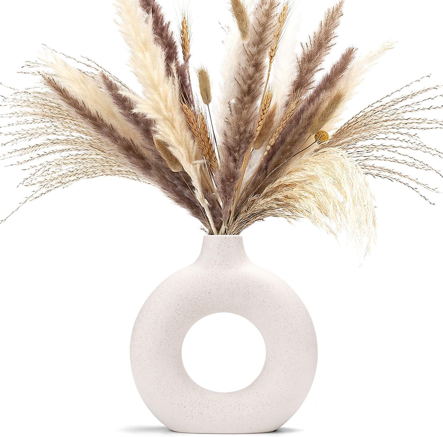 CEMABT White Donut Vase Hollow Ceramic Vase for Flowers Handmade Minimalist Boho ins Style Modern Home Decor for Wedding Dinner Table Party Living Room Office Bedroom(M)