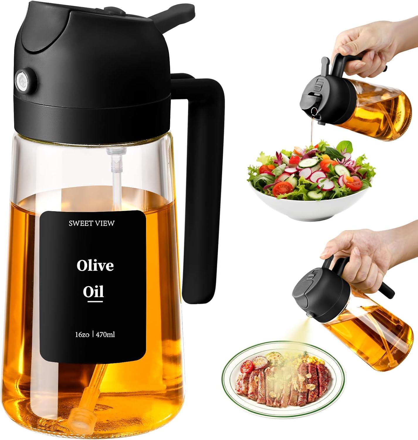 Olive Oil Spray Bottle, 470ml 2 In 1 Glass Oil Dispenser/Pour & Sprayr Bottle, Kitchen Accessories, Kitchen Gadgets for Air Fryer, Salad, BBQ(Black)