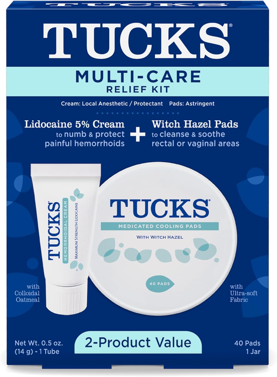 Tucks Multi-Care Relief Kit – 40 Count Witch Hazel Pads & 0.5 oz. Lidocaine Cream - Protects from Irritation, Hemorrhoid Treatment Medicated Pads Used by Hospitals